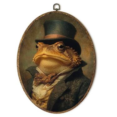 Imagem de laveliabel Decoração de parede em tela oval sapo aristocrático vintage, impressões em tela emolduradas com sapo escuro da Academia, decoração de parede oval de animal selvagem gótico temperamental