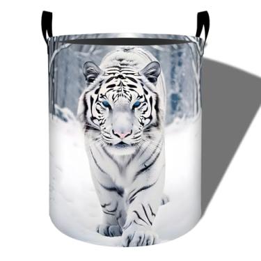 Imagem de amepay Cesta de roupa suja de tigre branco, pano Oxford dobrável com design de floresta de neve, cesto impermeável com alças, balde de armazenamento de roupas, organizador de brinquedos para banheiro