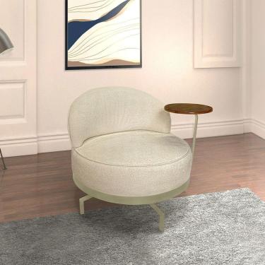 Imagem de Poltrona Sala De Estar Pés Em Ferro Champagne Giratória Braço Madeira Maciça 86cm Banff Bouclê Bege