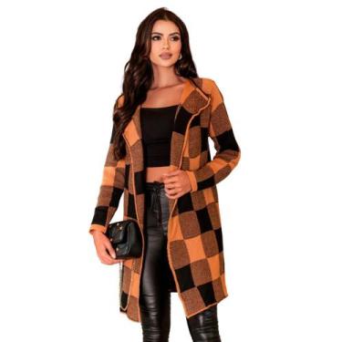 Imagem de Casaco Cardigan Feminino Kimono Trico Xadrez Sueter Grosso Modal Mulhe