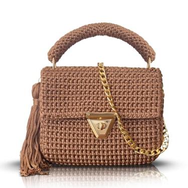 Imagem de Bolsa de ombro feminina de crochê bege feita à mão | corrente dourada e alça superior | Bolsa de malha boho | Bolsa tiracolo elegante para noite e casual