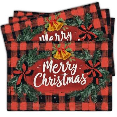 Imagem de Conjunto de 4 tapetes de mesa de Natal, 30,5 x 45,7 cm, vermelho e preto, xadrez, com design de guirlanda de feliz Natal, lavável para decoração de mesa de jantar de Natal, adequado para ideia de