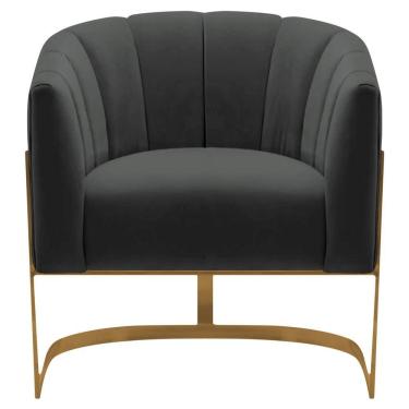 Imagem de Poltrona Decorativa Sala De Estar Recepção Mavie Base De Ferro Dourado Suede Cinza Escuro