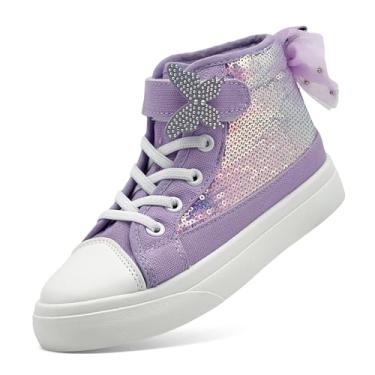 Imagem de Tênis infantil para meninas e meninos, moderno, lona, cano alto, borboleta, lantejoulas, sapatos infantis casuais para caminhada, Roxo claro, 9 Toddler