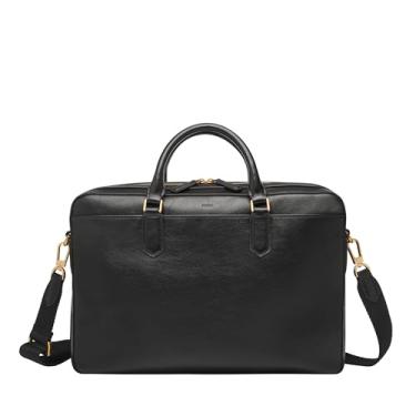 Imagem de Fossil Bolsa masculina Haskell ou Asher Leather Messenger Maleta de trabalho para laptop, Couro preto Asher, Single Zip