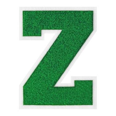 Imagem de 1 peça de patch de letra de chenille verde de 15 cm com borda branca – adesivos do alfabeto para roupas, jaquetas, mochilas, chapéus para decoração personalizada, nome personalizado e artesanato. (Z)