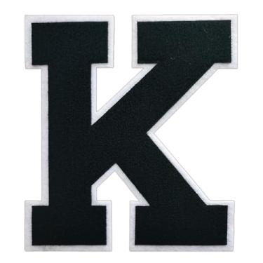 Imagem de 1 Patch de letra de chenille preto de 16,5 cm com borda branca – Adesivos do alfabeto para roupas, jaquetas, mochilas, chapéus para decoração personalizada, nome personalizado e artesanato. (K)
