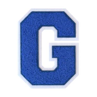 Imagem de 1 peça de patch de letra de chenille azul de 11,4 cm com borda branca – adesivos do alfabeto para roupas, jaquetas, mochilas, chapéus para decoração personalizada, nome personalizado e artesanato. (G)