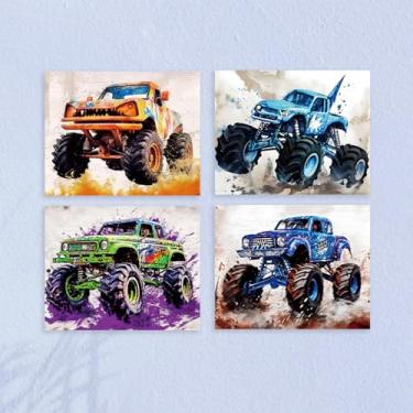 Imagem de 4 peças de arte de parede de caminhão monstro respingo aquarela sem moldura colorido supercarro arte para paredes, estilo graffiti rodas grandes trator carro garagem decoração de parede impressões