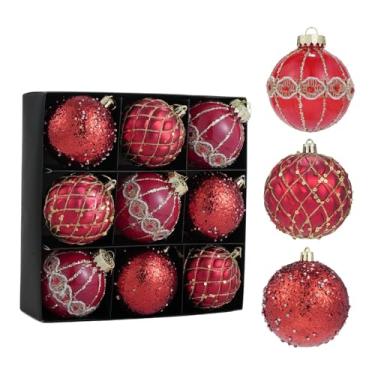 Imagem de Vaveren Conjunto de 9 bolas de Natal com glitter, decoração natalina para pendurar, sortidas, 7,6 cm (3 polegadas), inquebráveis, para jardim, janela, Ano, Vermelho