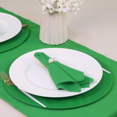 Imagem de Kit Mesa Posta, 7 Peças para 2 Lugares, Caminho de Mesa 130x40cm, Sousplat MDF, Guardanapos 35x35cm, Anel com Pérola, Oxford Poliéster (Verde e Dourado)