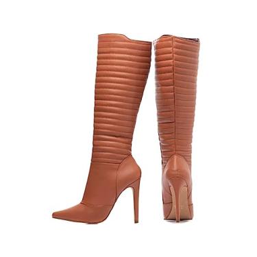 Imagem de BOTA BICO FINO CANO ALTO SALTO 12 FEMENINO CARAMELO TORRICELLA ZÍPER DETALHES EM COSTURAS MATELASSÊ,NÚMERO 35