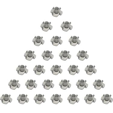 Imagem de Porca em T de 1/10.2 cm -20, aço inoxidável, 4 garras para madeira, armários, suportes de escalada, inserção rosqueada, móveis 30 peças