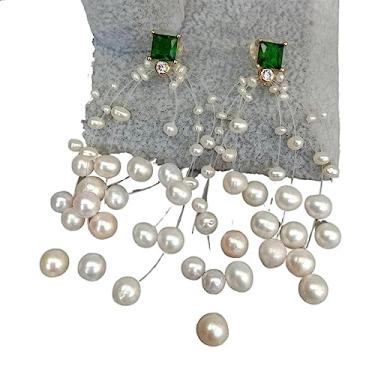 Imagem de Brincos de zircônia cúbica verde pérola de arroz branco cultivados ilusão feitos à mão para mulheres