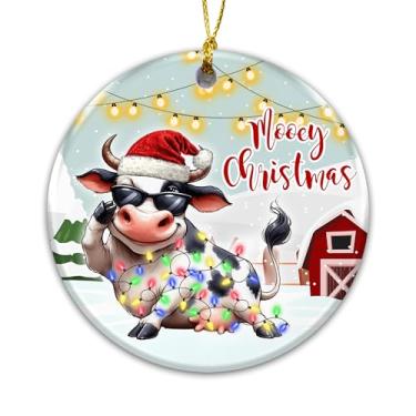 Imagem de Enfeite de vaca 2025 Mooey Christmas – decoração de árvore de fazenda engraçada, luzes de vaca fofa e chapéu de Papai Noel, ornamento de feriado de animais de fazenda rústica, decoração de Natal