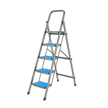 Imagem de Escadas dobráveis de metal prateado escada de 5 degraus com aderência de metal e pedal largo antiderrapante escadas leves fáceis de transportar para adultos e mulheres escada resistente (cor: laranja