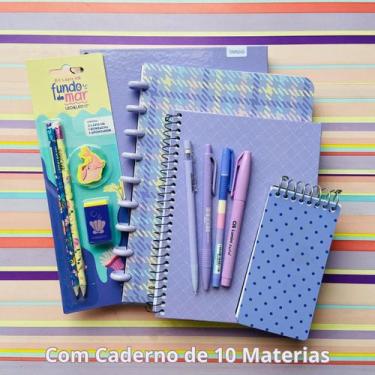Imagem de Kit Papelaria Fofa Kawaii Tons de Lilas Roxo Caderno 10 Materias Escol
