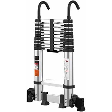 Imagem de OKUOKA Escada telescópica de subida de alumínio 2,6 m, 3,2 m, 3,8 m, 5 m, 6 m, 7 m, escadas de extensão telescópicas dobráveis com gancho destacável, uso externo no telhado, carga de 200 kg (tamanho