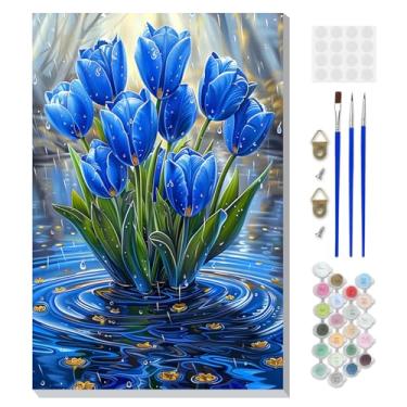 Imagem de DOMROM Kit de pintura de flores por números para adultos iniciantes com cavalete de madeira, kit de pintura de tulipas DIY por número em tela, kits de pintura a óleo DIY para decoração de parede de