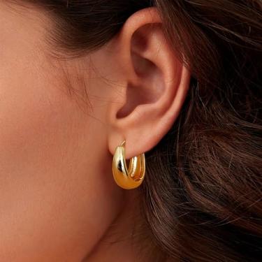 Imagem de 1 par de brincos pequenos e grossos de argola de ouro para mulheres modernos banhados a ouro 14 k brincos de argola grossa delicados para presente, standard, Cobre, Sem pedra preciosa