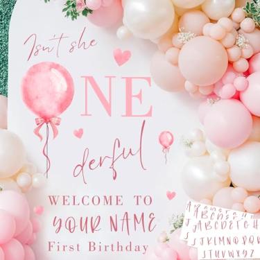 Imagem de Adesivo de vinil para decoração de primeiro aniversário de meninas com nome personalizado para pano de fundo Isn't She Onederful Adesivo de vinil Sweet Baby Girl para arco de balão rosa suprimentos