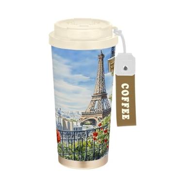 Imagem de SEHANY Caneca de viagem Torre de Paris em aquarela de 500 ml Copos de café reutilizáveis revestidos de cerâmica com tampa à prova de vazamento, parede dupla, isolamento a vácuo, copo de café de aço
