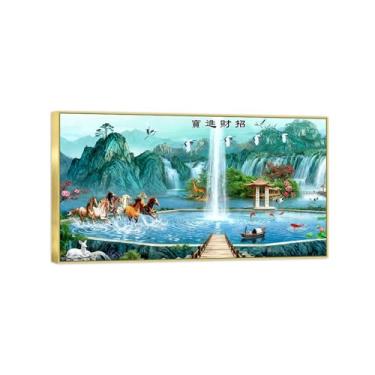 Imagem de Chinoiserie Arte de parede paisagem imagem em tela - montanha lago cavalo pássaros - pintura chinesa - impressões de moldura dourada para decoração de casa 70 x 125 cm 27 x 49 pol