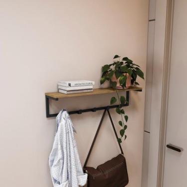 Imagem de Cabideiro Industrial de Parede com Prateleira e Ganchos Freijó/Preto -