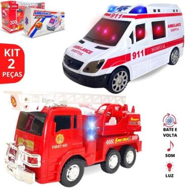 Imagem de Kit 2 Carrinhos Ambulância Bombeiro Com Som E Led Brinquedo - Europio