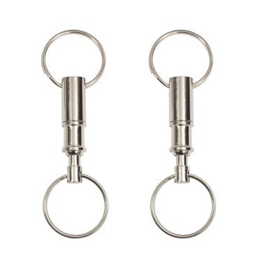 Imagem de 2 chaveiros puxáveis para puxar para fora - chaveiro resistente com puxador de chave dupla para puxar para fora com trava de encaixe removível (prata)