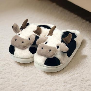 Imagem de Pantufas de vaca para mulheres e homens – Pantufa de pelúcia macia antiderrapante, sapatos felpudos quentes de inverno com espuma viscoelástica confortável, Preto, 11-12 Women/10-11 Men