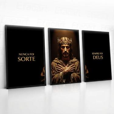 Imagem de Quadro Decorativo Jesus Coroa Nunca Foi Sorte, Sempre Foi Deus, Sala Hall, Moldura Preta, Etacart (3 peças 52 x 32)