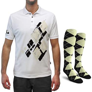Imagem de Camisa polo masculina de golfe Dry Fit, ótima para esportes e atividades ao ar livre - Argyle Utopia - BBB: preta/natural - grande com meias
