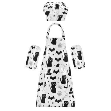 Imagem de Burbuja Avental infantil com chapéu de chef, avental ajustável com teias de morcegos de gatos com bolsos para cozinhar pintura assar, M