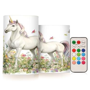 Imagem de Burbuja Velas sem chama de jardim de flores de unicórnio em aquarela com controle remoto e temporizador, velas de pilar de LED operadas por bateria para decoração de festa de Natal de Halloween