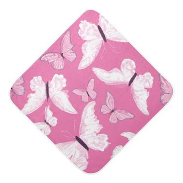 Imagem de Burbuja Toalha de banho de bebê borboleta branca em rosa - Toalha com capuz de musselina macia e absorvente para recém-nascidos e bebês, 76 x 76 cm