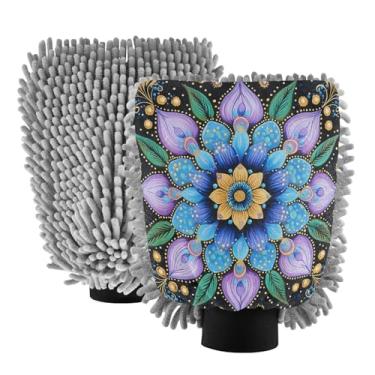 Imagem de STAYTOP Lindas luvas de lavagem de carro mandala coloridas, 2 peças, luvas de microfibra de chenille, sem arranhões, panos de esponja de lavagem ultra absorventes para carros, limpeza doméstica - G