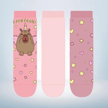 Imagem de Kit 03 Pares de Meias Soquete Infantil Menina Capivara - Cia das Meias