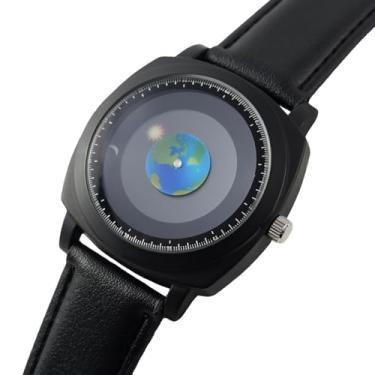 Imagem de MINILUJIA Relógios masculinos com mapa do mundo criativo universo estrelado globo da terra lua sol giratório couro PU personalizado legal exclusivo relógios masculinos