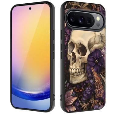 Imagem de Capa para Google Pixel 10 Pro XL, capa ultrafina de silicone líquido antiderrapante elegante, adequada para Pixel 10 Pro XL de 6,8 polegadas, flor roxa e caveira