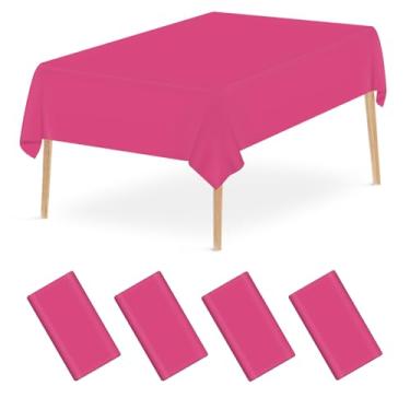 Imagem de Mulbozy Toalha de mesa descartável de plástico rosa choque pacote com 4, toalhas de mesa retangulares de 137 × 272 cm, capa de mesa de plástico rosa escuro para decoração de festa