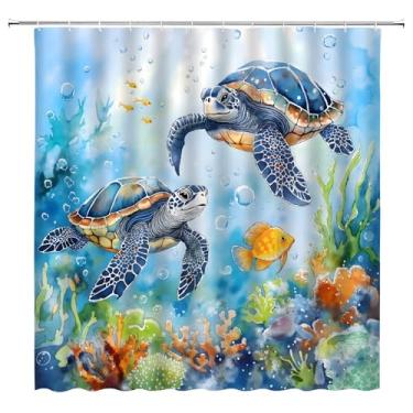 Imagem de UOZXOML Cortina de chuveiro tartaruga marinha azul petróleo tropical coral peixe alga subaquática animal náutico costeiro aquarela vida marinha decoração de banheiro cortinas com ganchos, 70 x 70