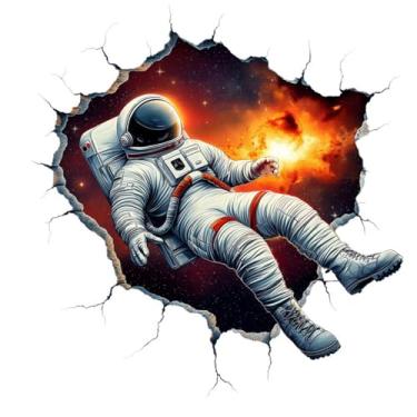 Imagem de MaiKeAYang Decalques de parede 3D murais removíveis vinil paredes decorações astronauta flutuando no espaço para sala de estar, quartos de bebê, quarto, banheiro, casa, parede, decoração DIY