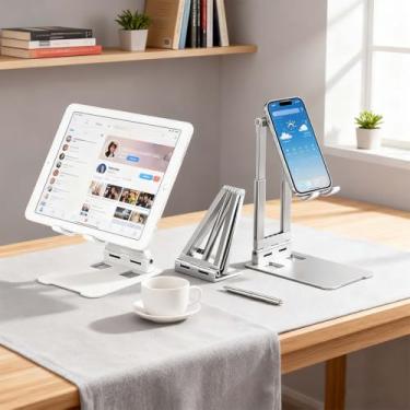 Imagem de Suporte de telefone ajustável de altura dobrável com almofada de silicone, suporte para celular para uso na mesa no escritório e em casa (prata)