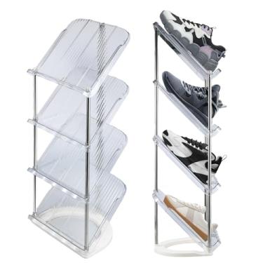 Imagem de UKQRRTC Sapateira de 4 níveis, organizador de sapatos estreito, design inclinado, economia de espaço, armazenamento empilhável em camadas, fácil de instalar para armário, entrada, garagem, quarto