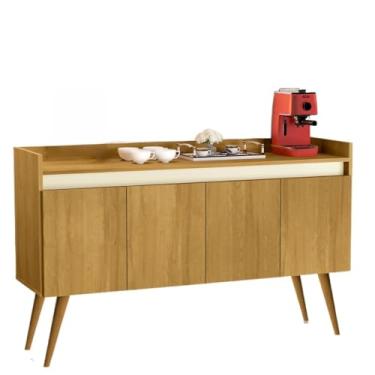 Imagem de Aparador Buffet Retrô Pés Palito Em Madeira Maciça Esplanada Cantinho Do Café Recepção(4 Madeirado Com Off White)