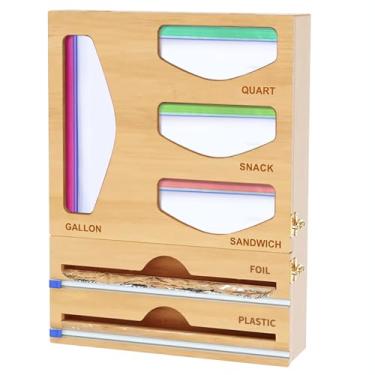Imagem de Organizador de sacos de bambu, organizador de gaveta de cozinha E T EASYTAO 44 x 33 x 7,5 cm com cortador, compatível com sacos de sanduíche e lanche