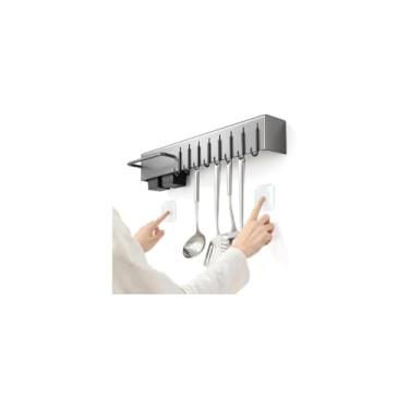 Imagem de Suporte Organizador de Utensílios, Aço Inox, Cinza, 39,5 x 5,3 x 6,8 cm, 6 Ganchos, Multifuncional para Cozinha, com Sistema de Fixação