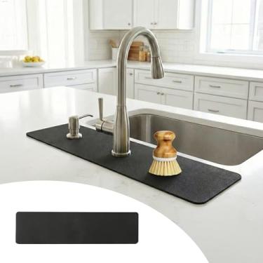 Imagem de Tapete de torneira personalizável para pia de cozinha: protetor de balcão de banheiro cortável de 61 cm C x 10 cm de largura - cortado para caber com 2 ou 3 furos e design de torneira quadrada