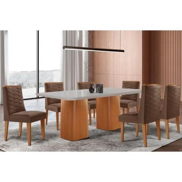 Imagem de Sala Jantar Mesa Maldivas Tampo c/ Vidro Curvo 180cm+6 Cadeiras Dafne Madeira Naturale/Off White - Capuccino/Suede Marrom - Rufato